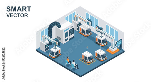 Isometric view of a smart factory with robotic arms and automated vehicles, showcasing modern industrial automation and technology.