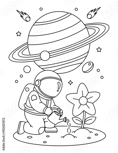 Astronaut coloring page watering flower on alien planet in outer space