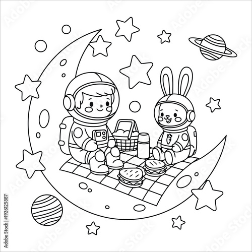 Astronaut coloring page picnic with bunny on moon in outer space scene