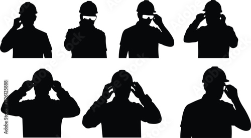 Construction Safety Silhouette Icons Set Featuring Workers Adjusting Glasses and Ear Protection for Occupational PPE and Industrial Design