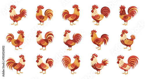 Set of Rooster Character Illustrations in Flat Vector Style, Farm Bird Mascot Collection for Logo and Design