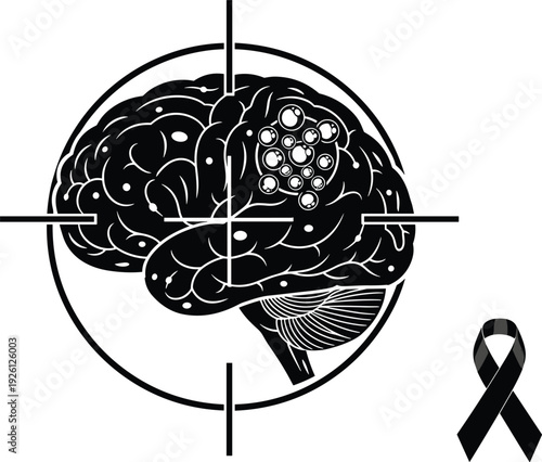 Brain Cancer Detection Icon with Target, Brain Cells, and Ribbon for Health, Medical, and Awareness Concepts
