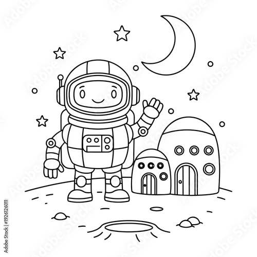 Spaceman waving near his dome base on a cratered planet under a crescent moon and stars