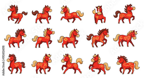 Set of Cute Chinese Zodiac Red Horse Character Illustrations for Lunar New Year and Spring Festival Decorative Elements