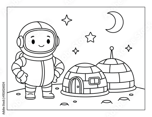 Astronaut stands proudly on a distant planet beside two dome shaped space habitat pods