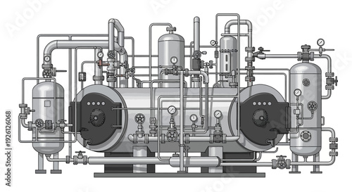 Complex industrial steam boiler system with intricate piping and pressure gauges.