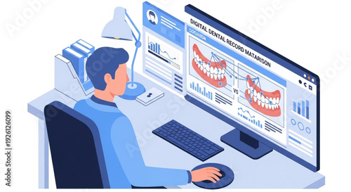 Orthodontic Biometric Screening Interface on Desktop Computer Vector Illustration