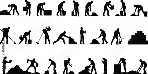 Construction worker digging and bricklaying silhouettes set, builders carrying materials isolated black shadow figures collection