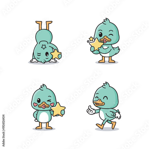 Cartoon duck character in various poses with star, cute and playful style