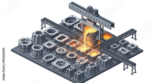 Isometric illustration of a foundry with molten metal being poured into molds for various industrial parts.