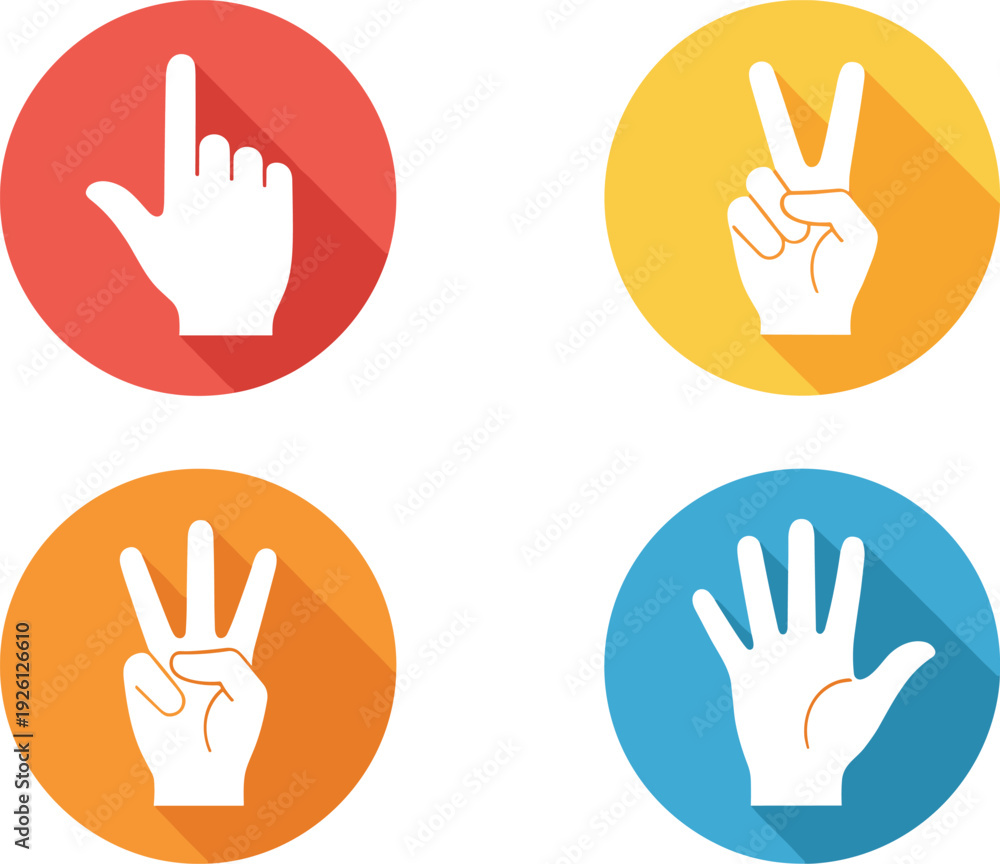 Obraz premium Hand Gesture Icons Set with One, Two, Three, and Five Fingers for Communication, Sign Language, and Symbol Concepts