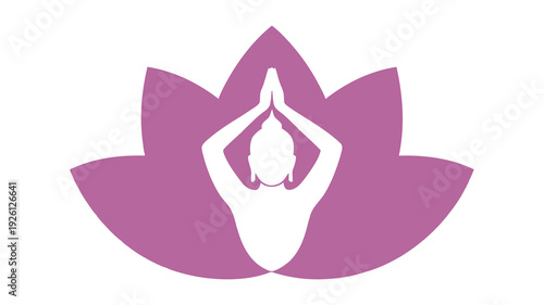 Meditation pose depicted within a stylized purple lotus flower graphic design