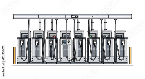 A row of multiple electric vehicle charging stations with cables and screens, suggesting a modern infrastructure for sustainable transportation.