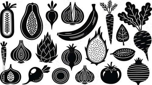 Vegetable silhouette collection with assorted fresh farm produce vector set for healthy food design, organic market branding, and cooking projects