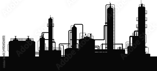 Oil Refinery and Petrochemical Plant Silhouette with Industrial Storage Tanks, Pipelines and Distillation Towers Isolated on White Background, Energy Industry Infrastructure Concept
