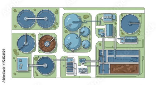 Top-down aerial view of a modern wastewater treatment plant with multiple circular tanks and rectangular processing units.