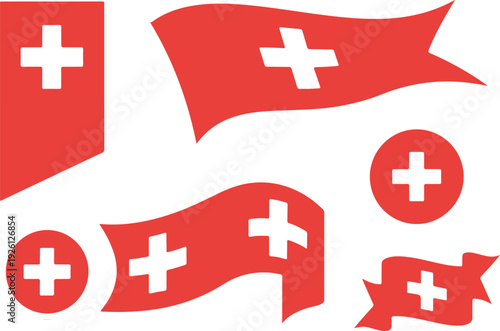 Switzerland flag collection with swiss cross, waving banners and map vector set