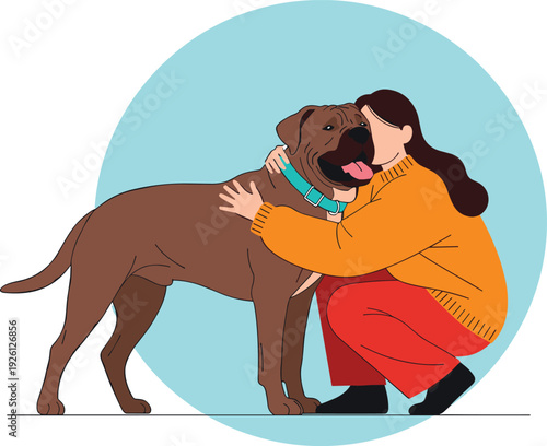 Woman hugging happy dog vector illustration showing pet love and friendship isolated modern flat design for animal care and companionship concept