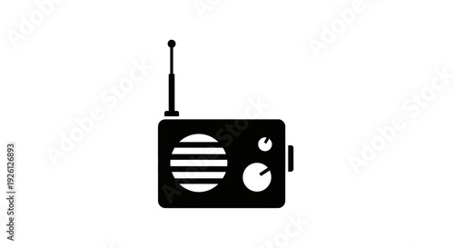 Simple black and white illustration of a vintage radio with antenna.