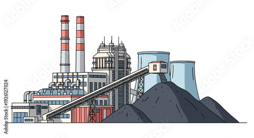 Illustration of a coal-fired power plant with cooling towers and a large pile of coal.