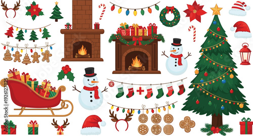 Christmas holiday elements set with tree, fireplace, snowman, sleigh, and festive decorations vector collection for winter celebration design