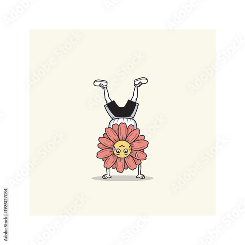 Cartoon character doing handstand with flower body on white background with copy space