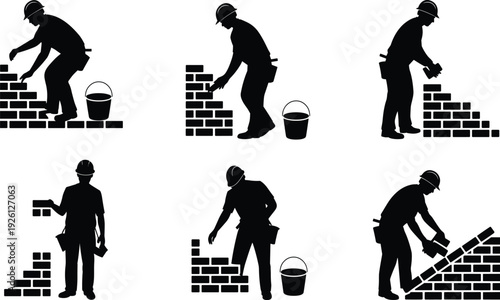 Construction Worker Silhouette Icons Set Featuring Bricklaying, Mortar Application, and Wall Building Tasks for Occupational and Masonry Design