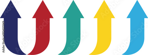 Set of five colorful upward curving arrow icons in navy red teal yellow and light blue for business growth progress and data visualization concepts.