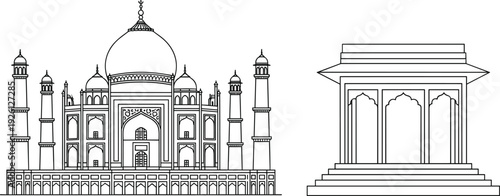 Taj Mahal and Traditional Mughal Pavilion Line Art Illustration Set with Indian Monument Architecture Outline Design