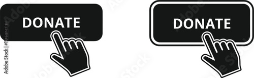 Black Donate Button Icon Set with Hand Cursor Clicking Pointer for Charity Website Interface Design Isolated on White Background for Fundraising Marketing Campaigns