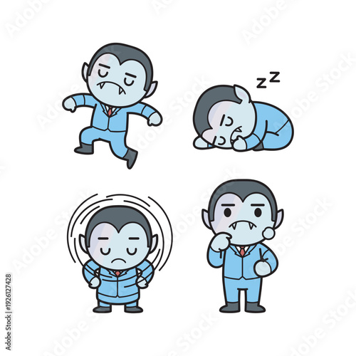 Man experiencing stress and fatigue in different emotional states with cartoon style