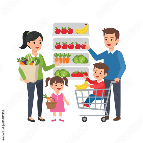 Happy Family Grocery Shopping for Fresh Fruits and Vegetables