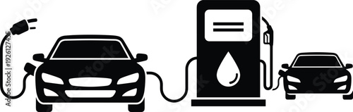 Black and white silhouette icons comparing electric car charging station with traditional gasoline fuel pump for automotive transportation energy transition concept on white background.