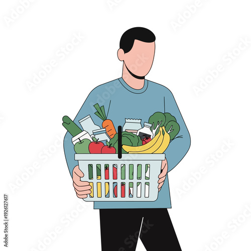 Man Holding Grocery Basket Full of Fresh Food and Vegetables