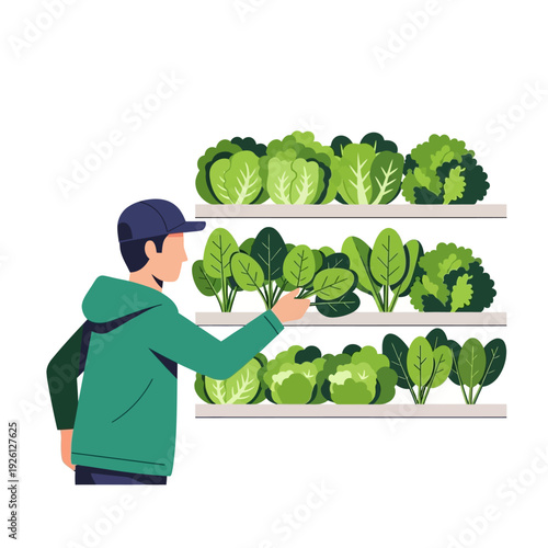 Man choosing fresh lettuce and spinach from a vertical farm display