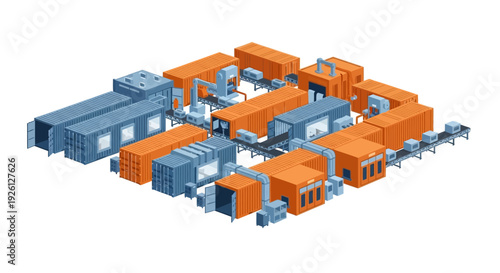 An isometric illustration of a complex industrial manufacturing plant with multiple interconnected modules and conveyor systems.