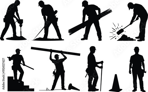 Construction Worker Silhouette Icons Set Featuring Diverse Tasks Including Jackhammering, Shoveling, Carrying, Surveying, and Traffic Management