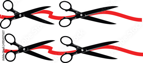 Black scissors cutting a long red ribbon icons set for grand opening ceremony celebration event inauguration and formal launch party invitation graphic design.