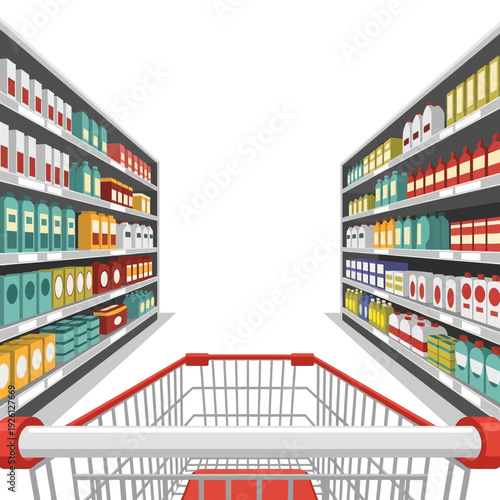 Supermarket aisle with shopping cart, shelves full of products, retail shopping concept