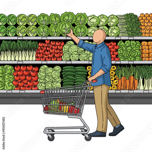 Man Shopping For Fresh Produce In Grocery Store Vegetable Aisle