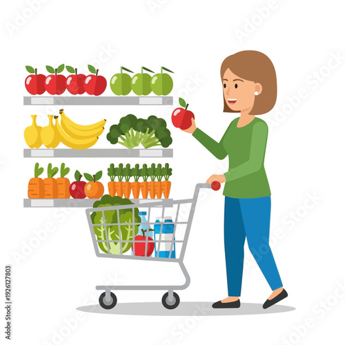 Woman shopping for fresh produce and groceries at a supermarket with a shopping cart.