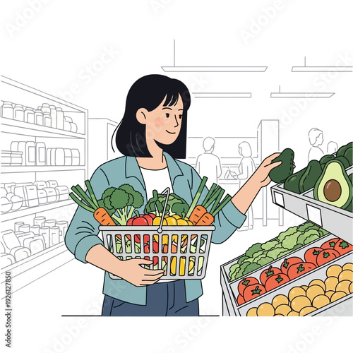 Woman shopping for fresh vegetables at grocery store, healthy food