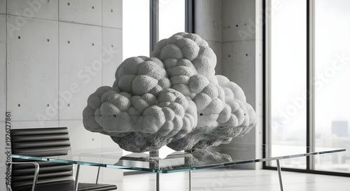 Conceptual Concrete Cloud Sculpture Floating in Modern Office Boardroom