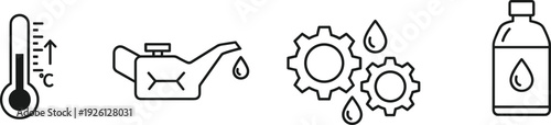 Collection of Automotive Maintenance Line Icons Featuring Engine Oil Canister Temperature Gauge Industrial Gears with Lubrication Drops and Car Fluid Bottle Vector Set