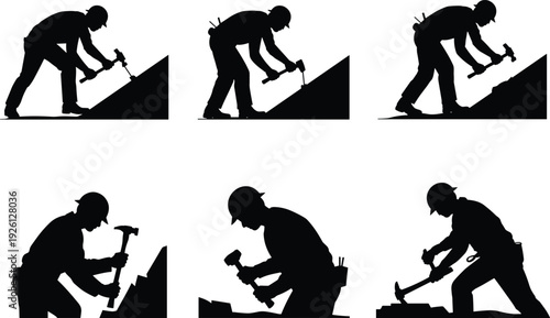 Construction Worker Silhouette Icons Set Featuring Hammering Poses, Roof Work, and Tool Belt Safety for Occupational Design
