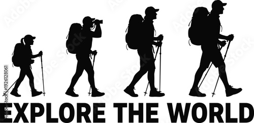 Silhouette of hikers walking with backpacks and trekking poles explore the world typography vector illustration for adventure travel and outdoor design