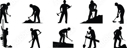 Construction Worker Silhouette Icons Set Featuring Hammering, Digging, Carrying, and Elevated Work Tasks with Hard Hats