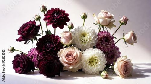 Elegant floral arrangement with roses and dahlias in soft lighting.