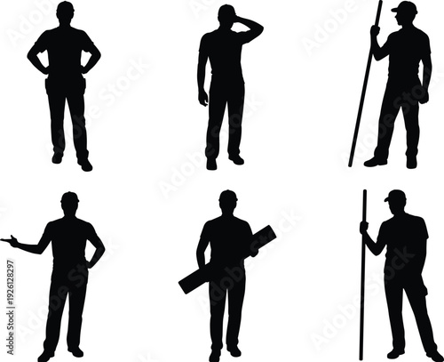 Construction Worker Silhouette Icons Set Featuring Hands on Hips, Pole Holding, Blueprint Carrying, and Directive Gestures for Occupational Design