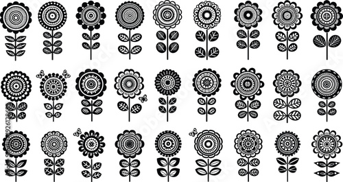 Set of decorative floral folk art flowers in black silhouette vector collection for boho ornament patterns and vintage botanical design